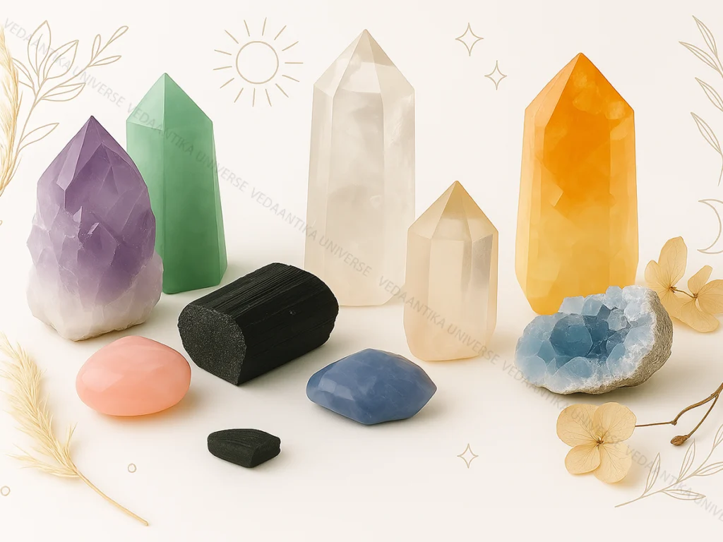 Natural healing crystals and gemstone towers for spiritual energy
