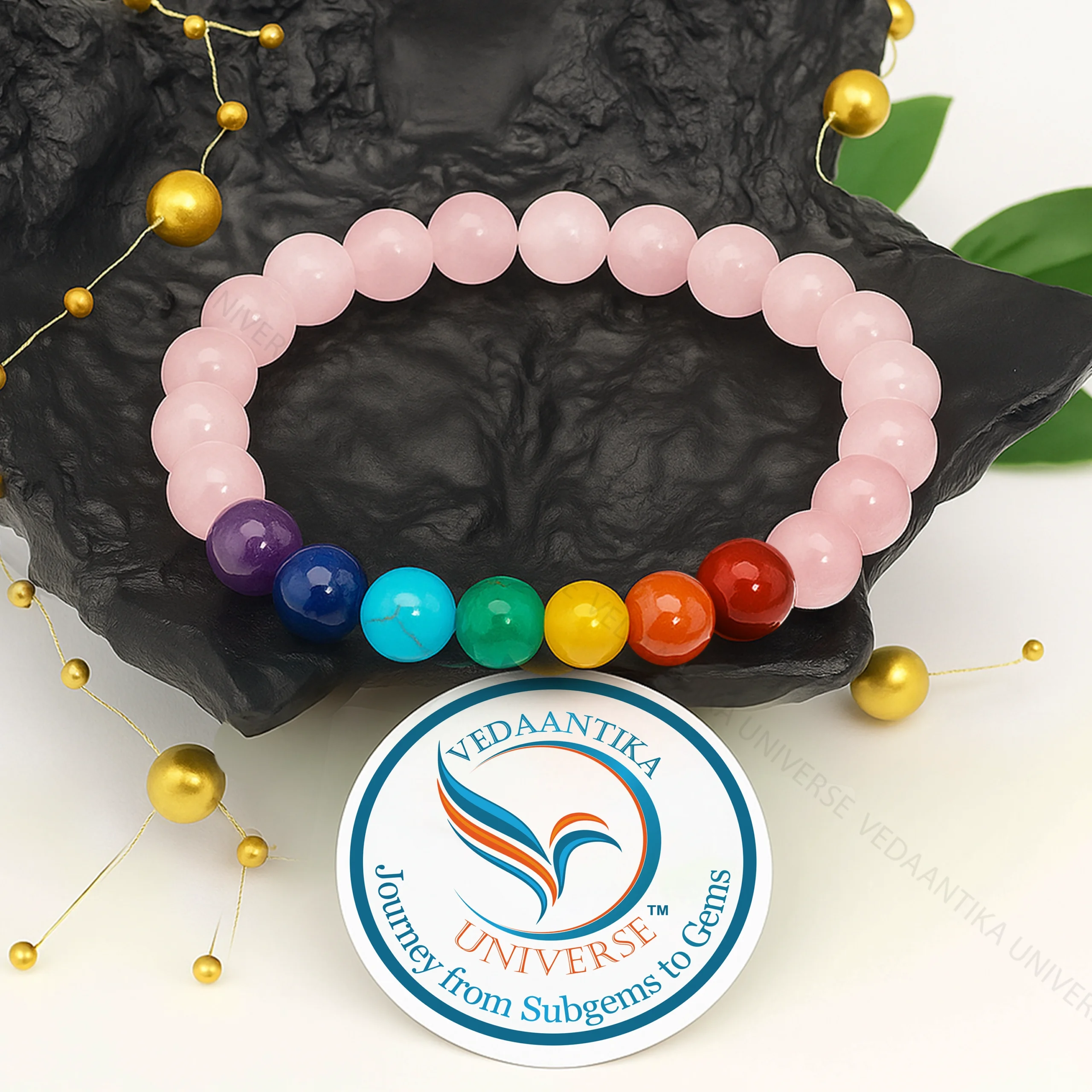 7 Chakra Bracelet with Rose Quartz Beads
