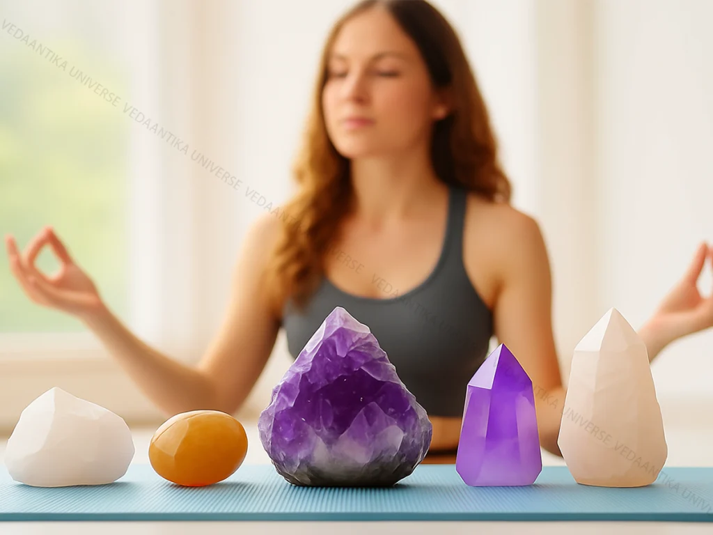 Woman meditating with healing crystals for mindfulness, balance and positive energy
