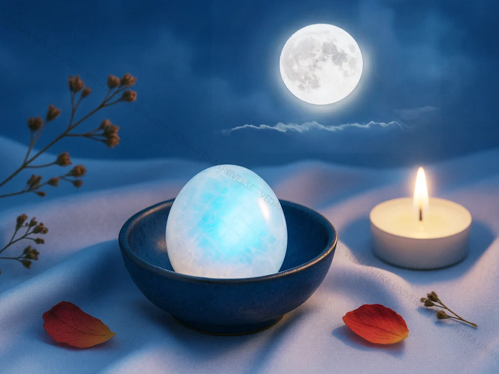Moonstone crystal under full moon for cleansing, intuition and calming energy