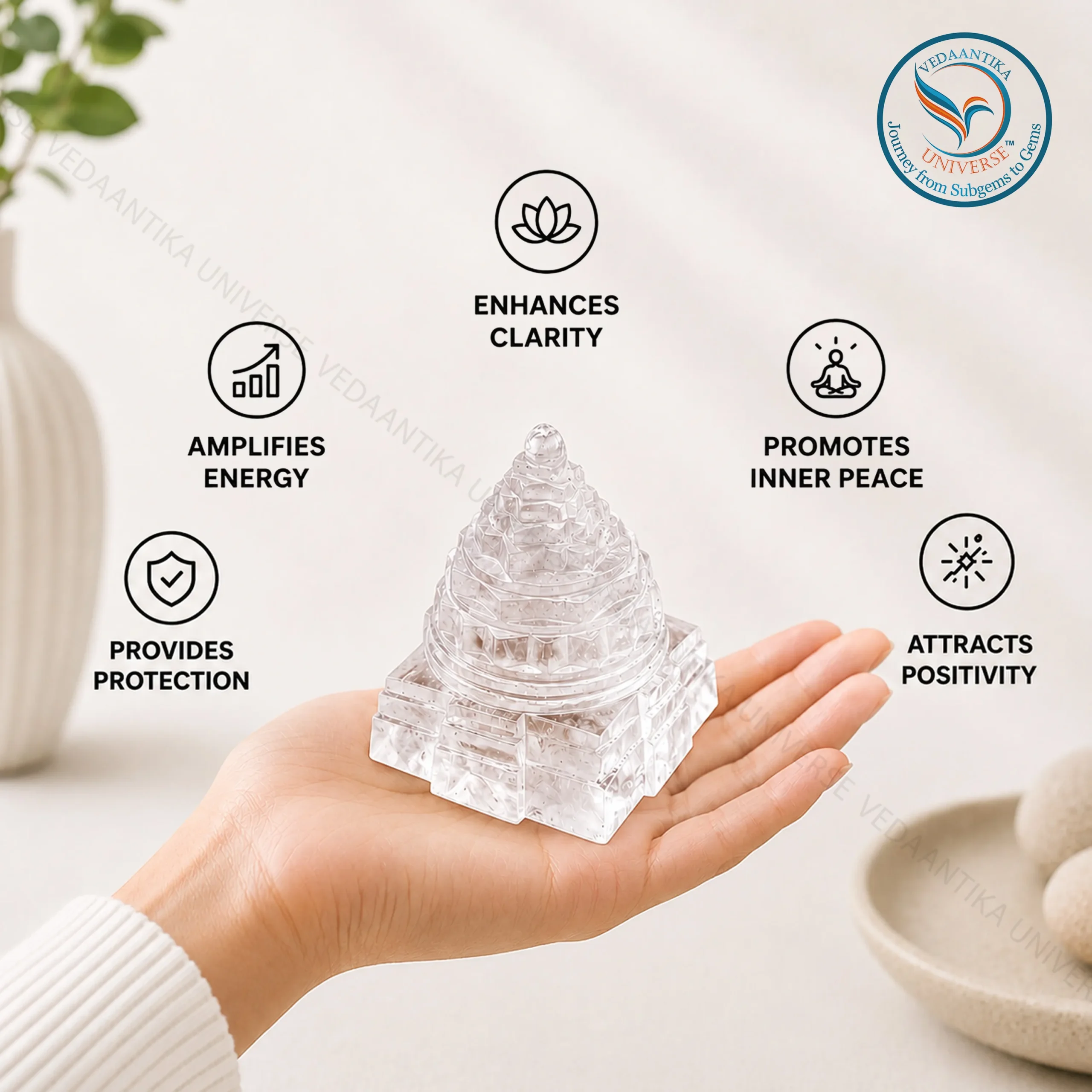 (Clear Quartz) Shree Yantra handcrafted from genuine Clear Quartz crystal