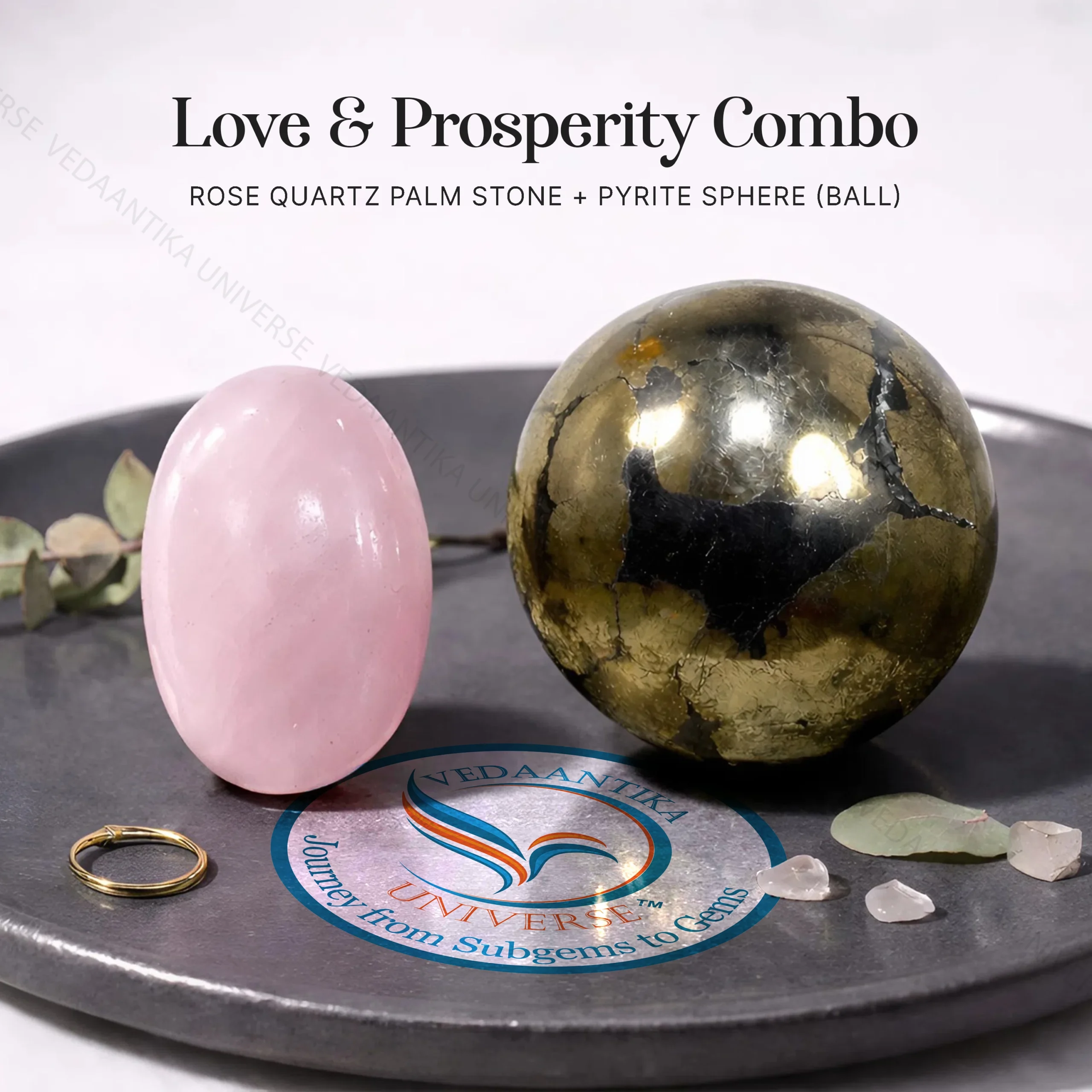 Pyrite Sphere with Rose Quartz Palm Stone Combo